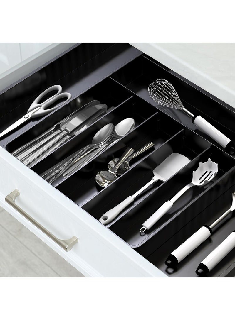 منظم أدوات المائدة للدرج، منظم أدوات مطبخ متعدد الاستخدامات قابل للتوسيع، حامل ملاعق وشوك وسكاكين خالٍ من BPA، صندوق تخزين بلاستيك قابل للتعديل (أسود) - Image 5